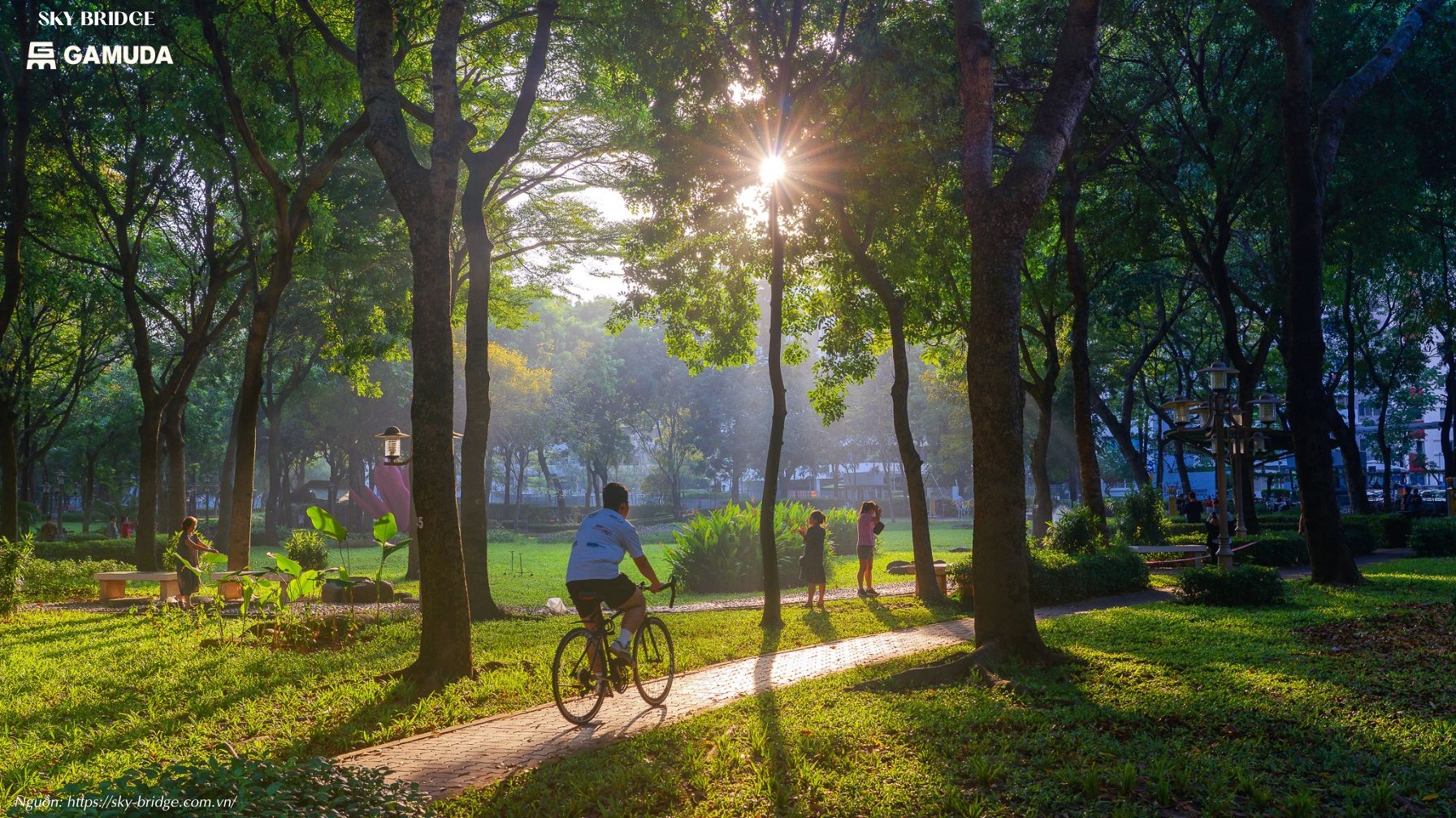 Góc đọc sách và ghế nghỉ chân thư thái giữa công viên Sky Bridge Gamuda Land Thuận Giao, TP HCM