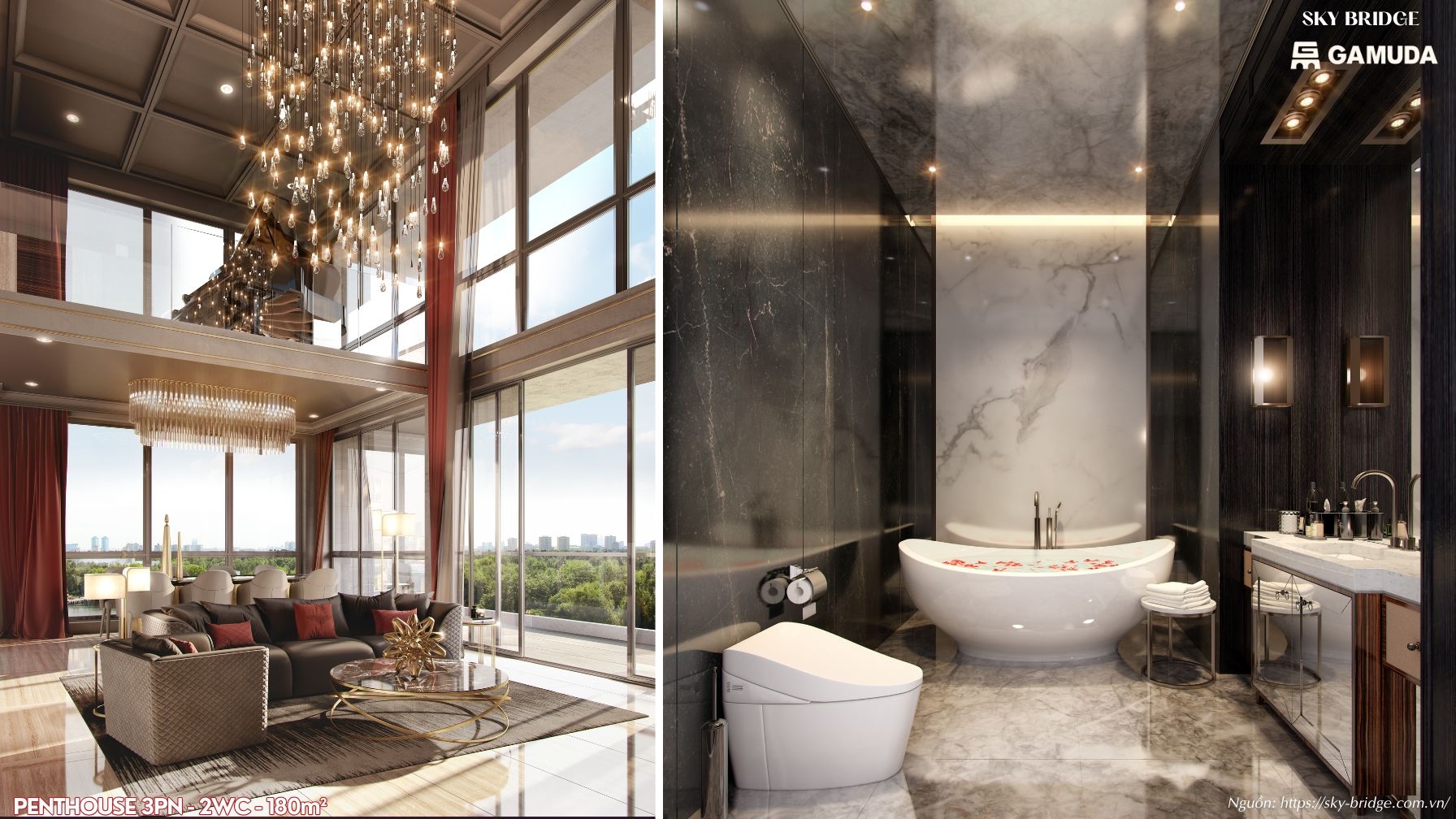 Phòng khách thông tầng đẳng cấp tại Penthouse 180m2 Sky Bridge Gamuda Land