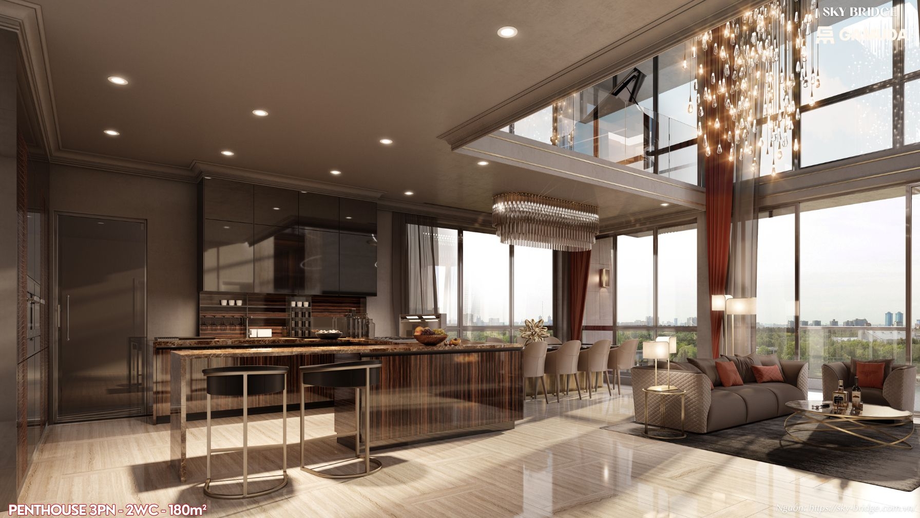 Phòng khách thông tầng đẳng cấp tại Penthouse 180m2 Sky Bridge Gamuda Land