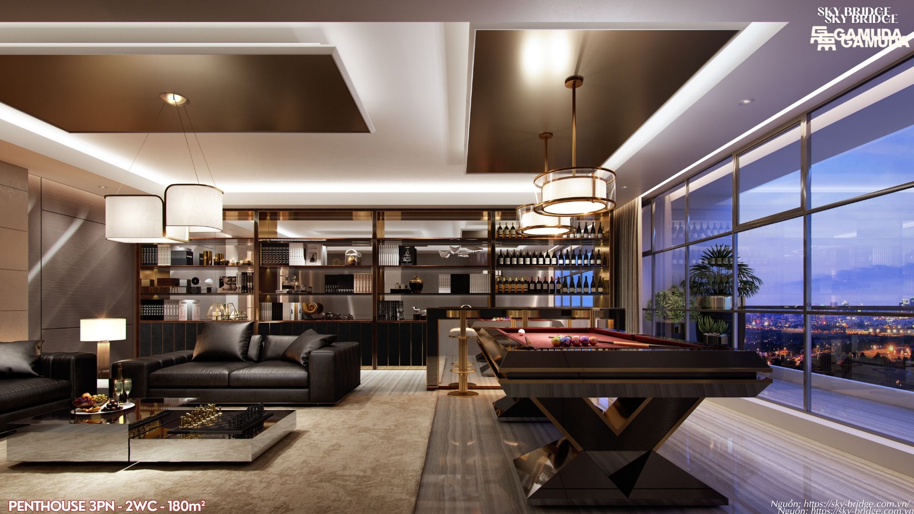 Tầm nhìn Panorama triệu đô từ phòng khách Penthouse 180m2 Sky Bridge Gamuda Land