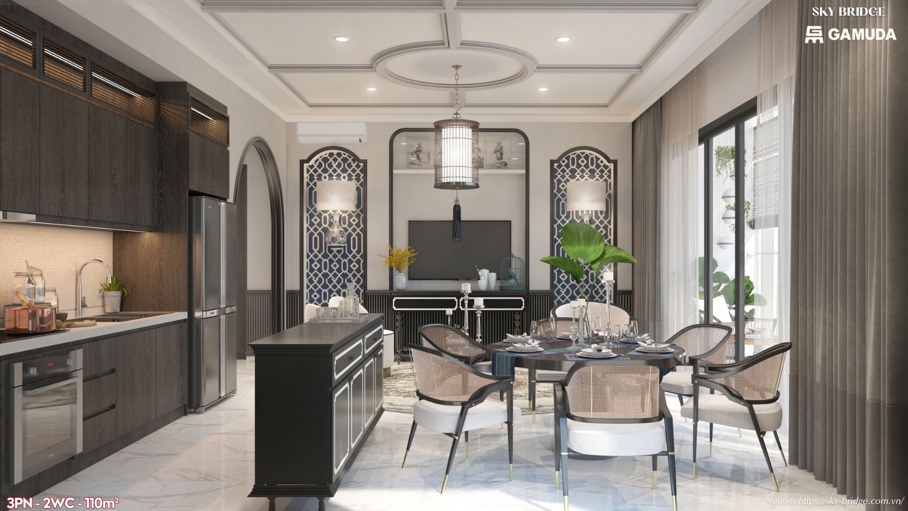 Không gian bếp rộng với thiết kế hiện đại tại căn hộ 110m2 Sky Bridge Gamuda Land