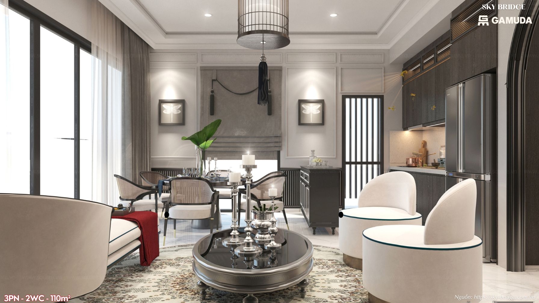 Khu vực bàn ăn lớn cho đại gia đình trong căn hộ 110m2 Sky Bridge Gamuda Land