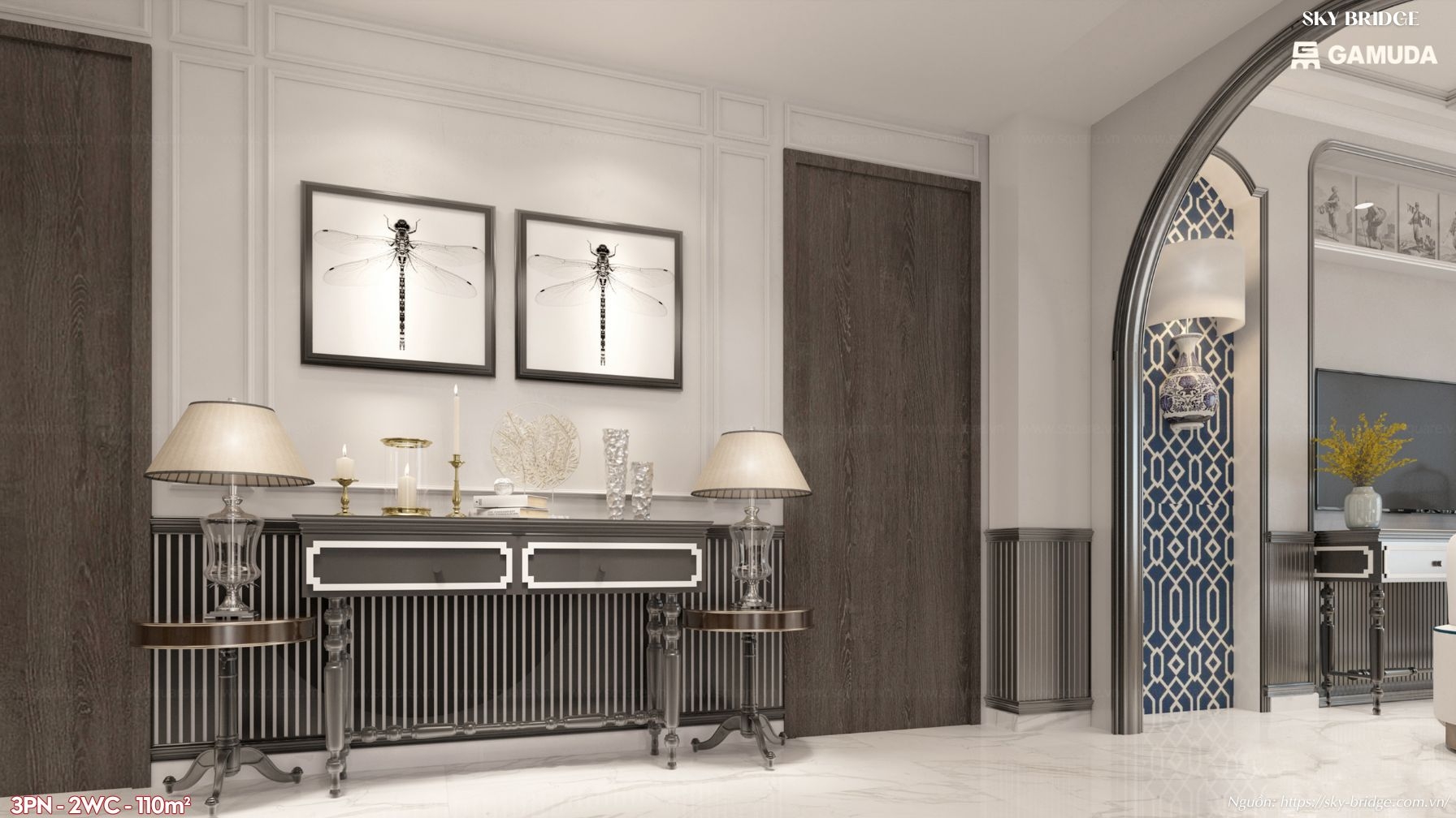 Bố trí Sofa và kệ Tivi sang trọng tại phòng khách 110m2 Sky Bridge Gamuda Land